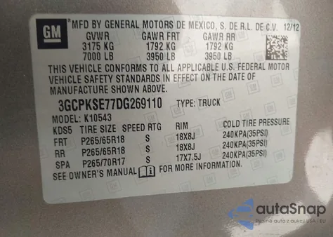 2013 Chevrolet Silverado 1500 Lt из США, поврежденный, VIN 3GCPKSE77DG269110